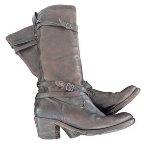 Frye Jane Strappy Leather Pull On Knee High Tall Riding Boots Brown Size 8.5